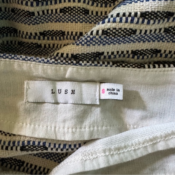 Lush Blue Cream Striped Fringe Hem Mini Skirt Size Small Boho Cotton Blend - Picture 5 of 7